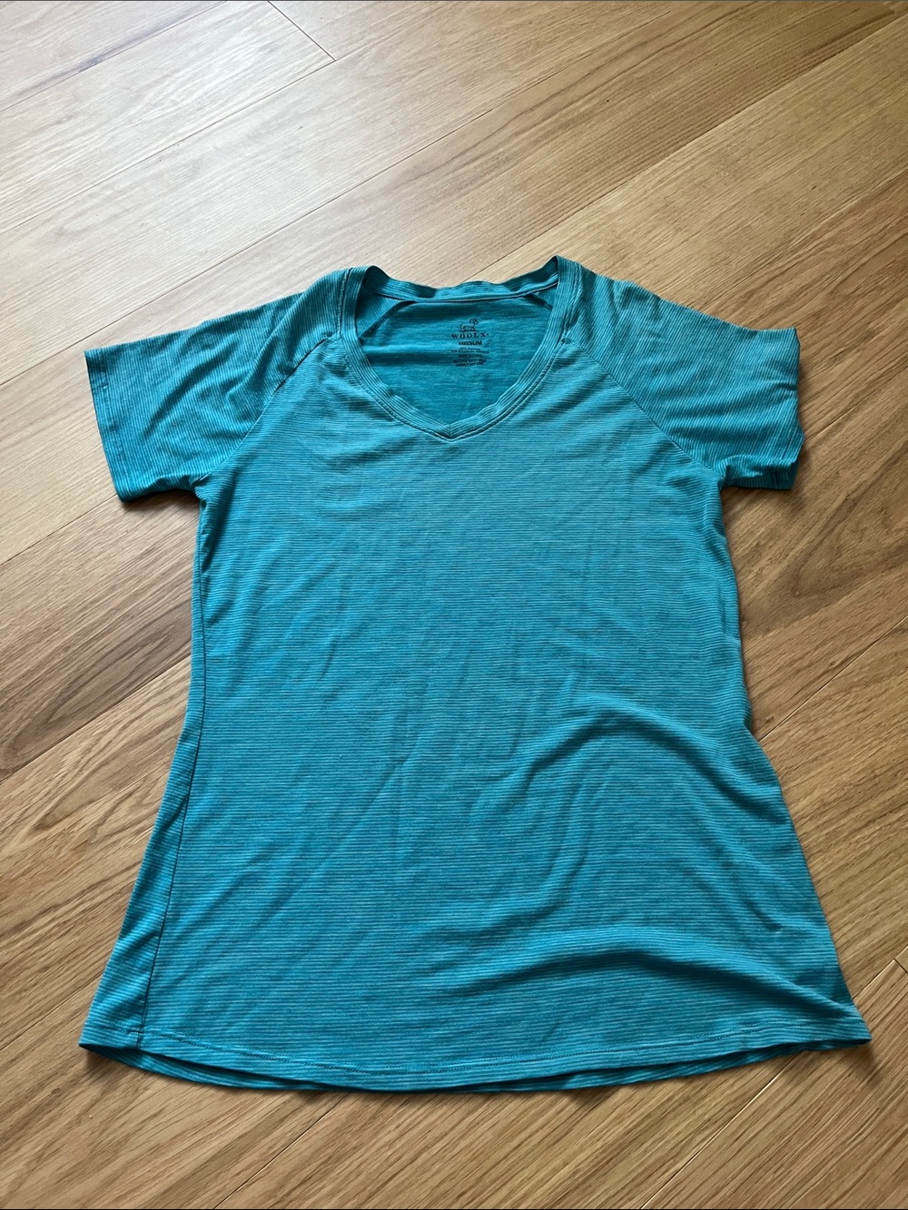 Woolx Women's Teal Thin Striped  V-Neck Merino Tee size M